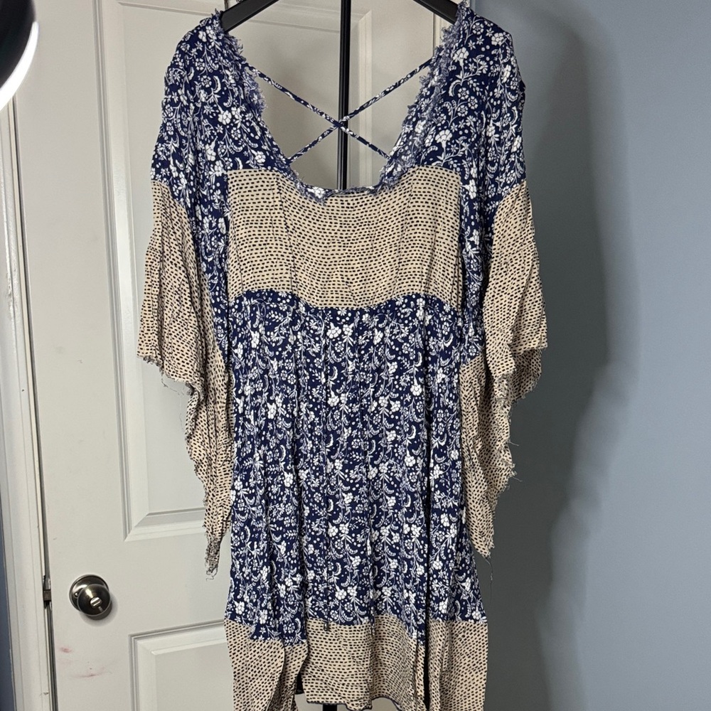 Boho Floral Crisscross Back Peasant Dress - Blue & Cream